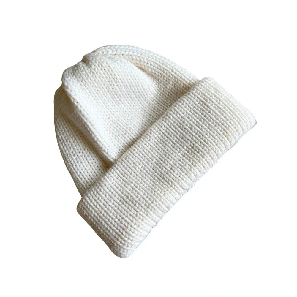 100% Wool Made In USA Cream Off-White Ivory Beanie Cap Winter Hat Warm One Size
